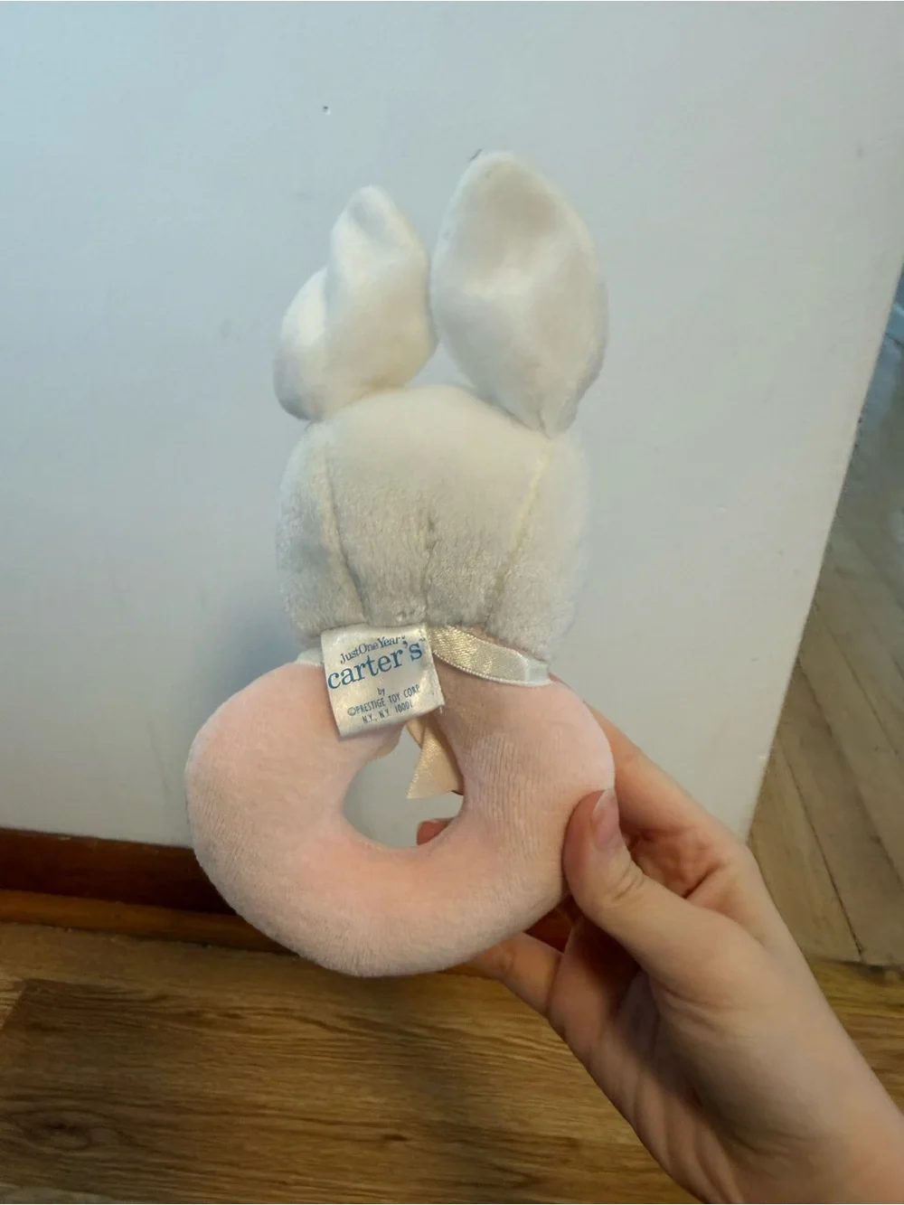 Vtg Carter's Plush Pink White Could Just Stay Little Bunny Rattle Ring Baby Toy